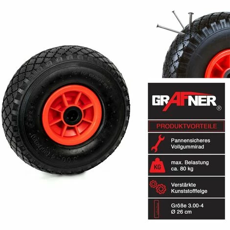 Grafner® Sackkarrenrad Bollerwagenrad 3.00-4 PU Vollgummibereifung FlatFree Kunststoff Felge 4 Grafner® Sackkarrenrad Bollerwagenrad 3.00-4 PU Vollgummibereifung FlatFree Kunststoff Felge – Bild 2