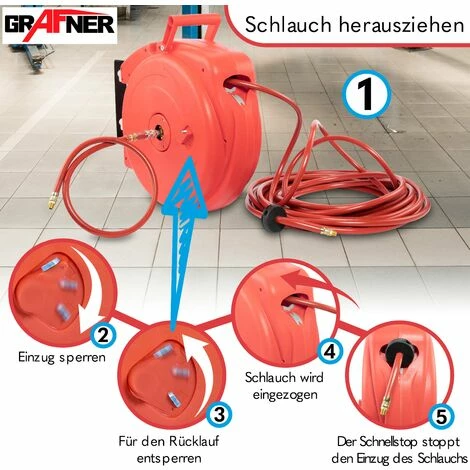 Grafner® Automatik Schlauchtrommel 20m Druckluft Schlauch Aufroller AS10932 3 Grafner® Automatik Schlauchtrommel 20m Druckluft Schlauch Aufroller AS10932